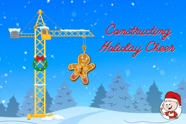 A construction crane lifting a giant gingerbread cookie in a winter wonderland.