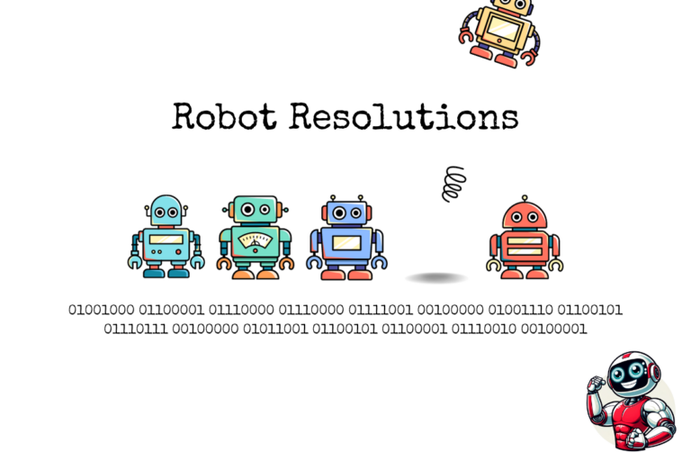 Robots in a row with happy new year in computer code