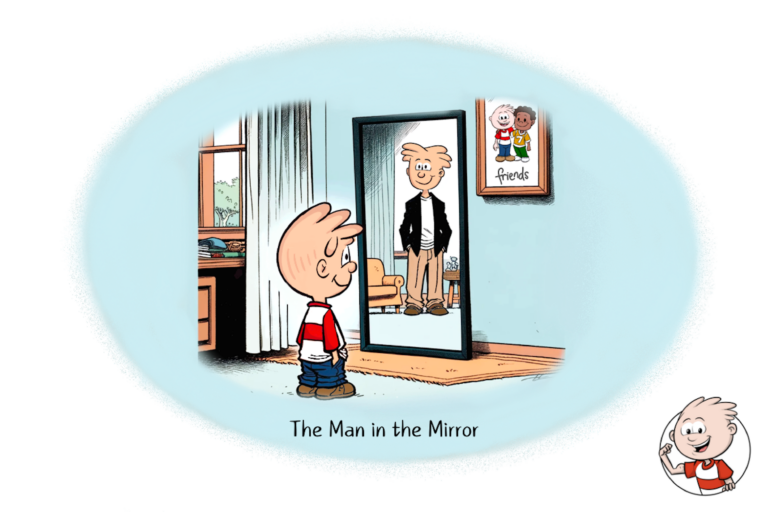 Boy looking in mirror and seeing grown-up self